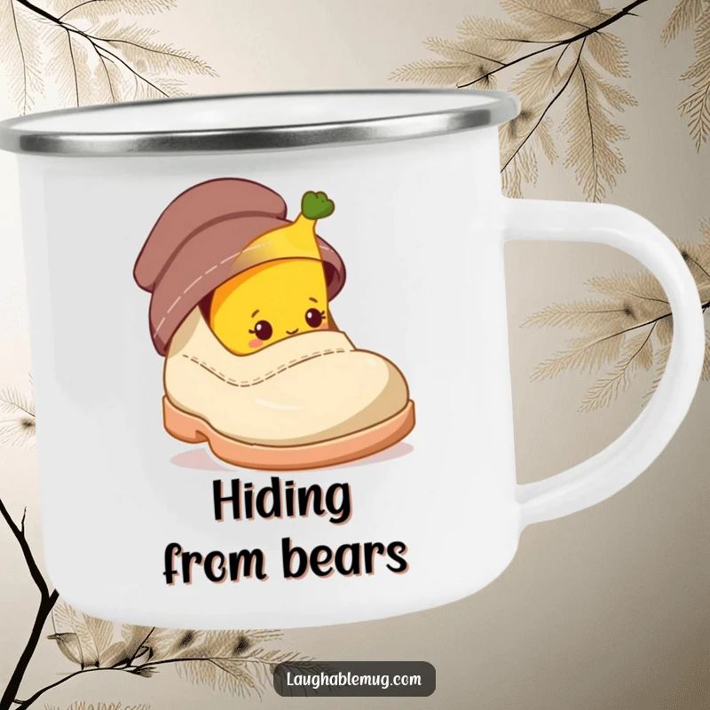 Funny camping mug with a shy banana character peeking from behind a giant shoe, perfect for quirky campers.