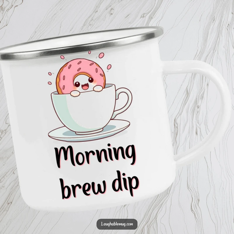 Funny Kawaii Donut Teacup Dive Camping Mug: A cute donut character dives into a teacup, built for sweet outdoor enjoyment.