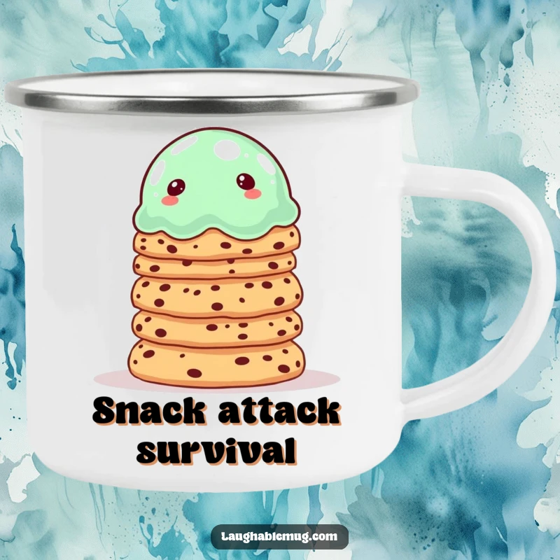 Funny camping mug featuring a wobbly jelly balancing cookies, ideal for dessert lovers on the go.