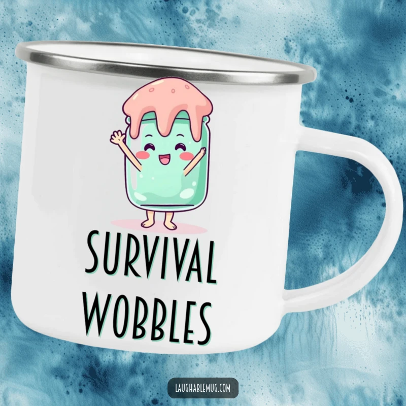 Funny camping mug with a jelly jar attempting a wobbly handstand, perfect for outdoor humor.