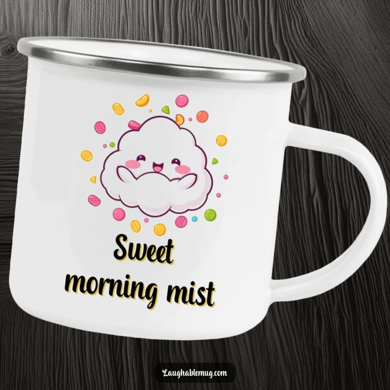 Funny Candy Rain Cloud Camping Mug: A fluffy cloud character joyfully raining colorful candy, a perfect funny gift.