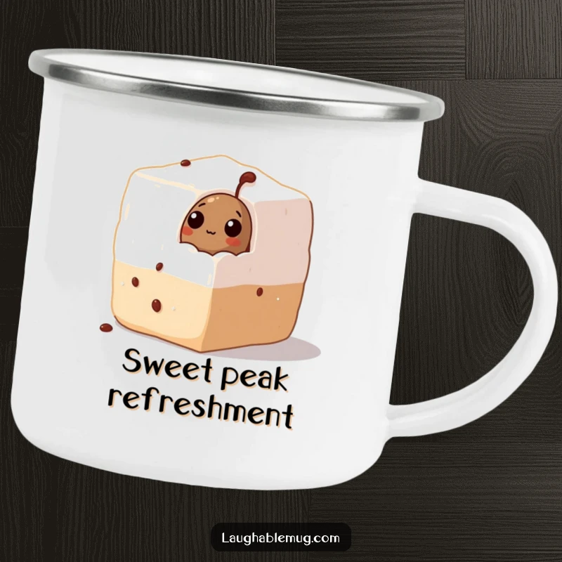 Funny Camping Mug: A coffee bean curiously peeks from a sugar cube, offering a humorous and durable mug for outdoor adventures.