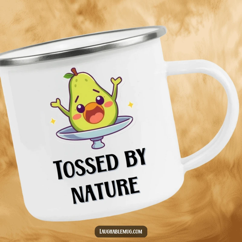 Funny camping mug with a surprised avocado character falling off a spinning plate, perfect for outdoor food enthusiasts.