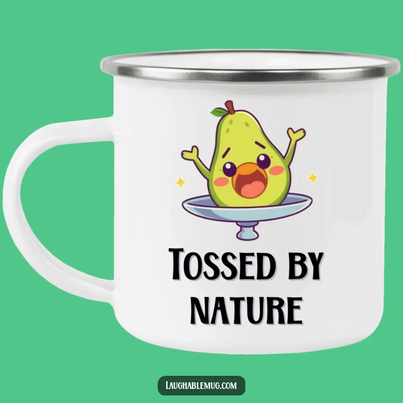 Funny Avocado Camping Mug: Surprised Character's Fall, Humorous Outdoor Foodie Gift