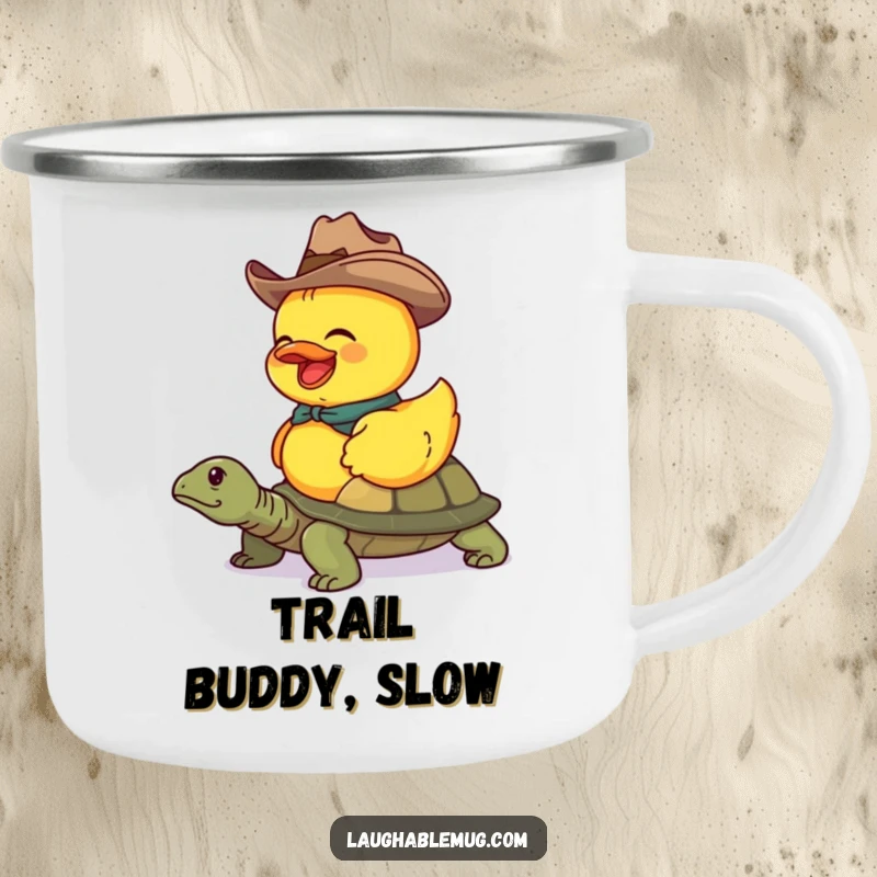 Funny camping mug showing a duck cowboy riding a turtle, perfect for outdoor beverages.