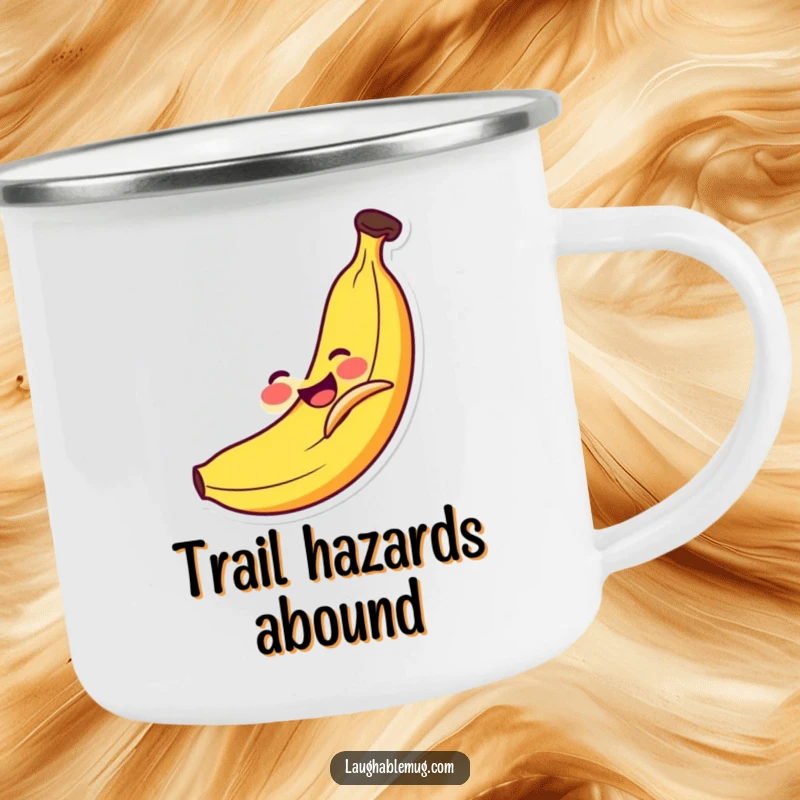 Funny Camping Mug: Smiling banana comically slipping on its own peel, ideal for outdoor adventures and morning coffee.