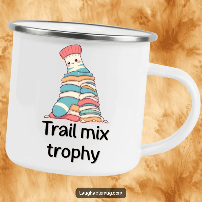 Funny Camping Mug: A brave sock mountaineers a laundry pile, perfect for outdoor enthusiasts needing a humorous, rugged drink holder.