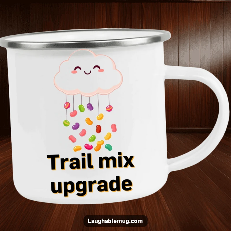 Funny camping mug: A sturdy mug with a smiling cloud raining colorful jelly beans, adding joy to outdoor adventures.