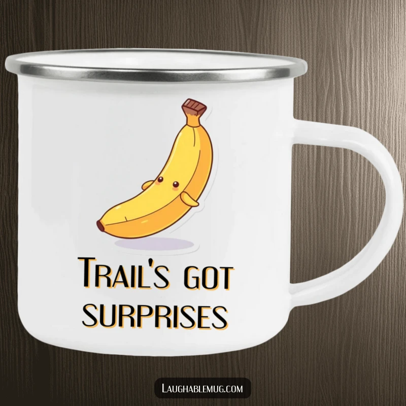Funny camping mug: A sturdy mug with a personified banana comically slipping dramatically on its peel, for outdoor humor.