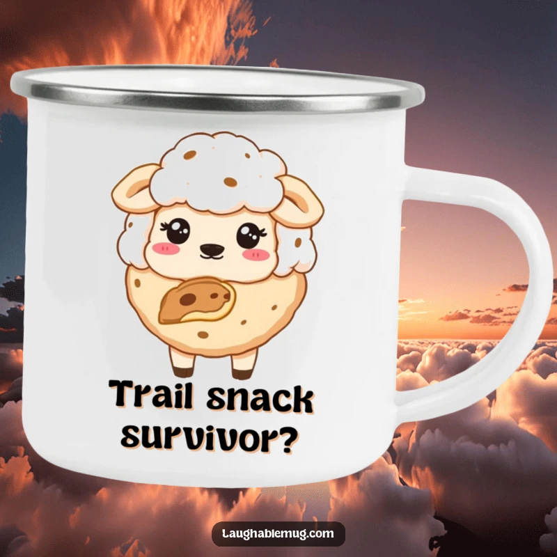Funny camping mug with a sheepish cookie missing a bite, adding humor to outdoor adventures.