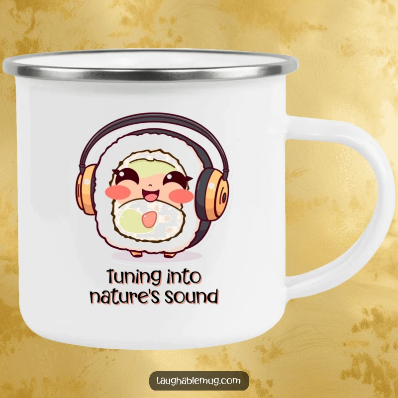 Funny Sushi Roll Camping Mug: A giggling sushi character with headphones, designed for rugged fun and humor on the go.