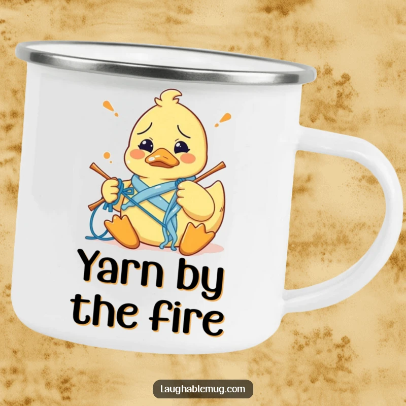 Funny camping mug featuring a confused rubber duck hilariously tangled in knitting yarn, ideal for outdoor crafters and humor lovers.