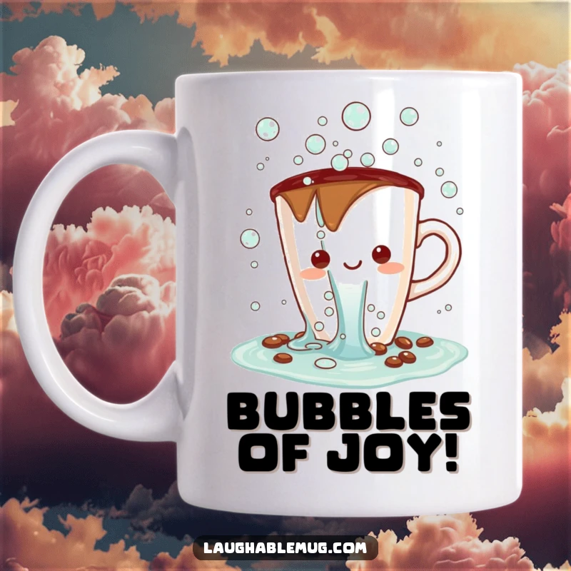 Funny Kawaii mug featuring a coffee cup character spilling a waterfall of cheerful bubbles, embodying joyful and bubbly energy.