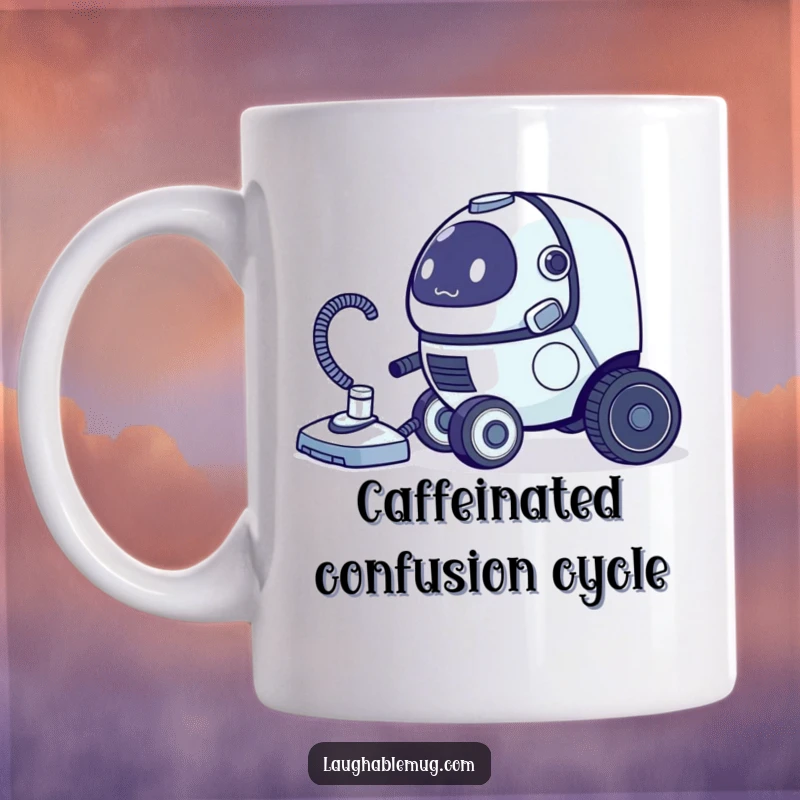 Funny mug showing a clumsy robot vacuum cleaner comically chasing its own tail in a circle.