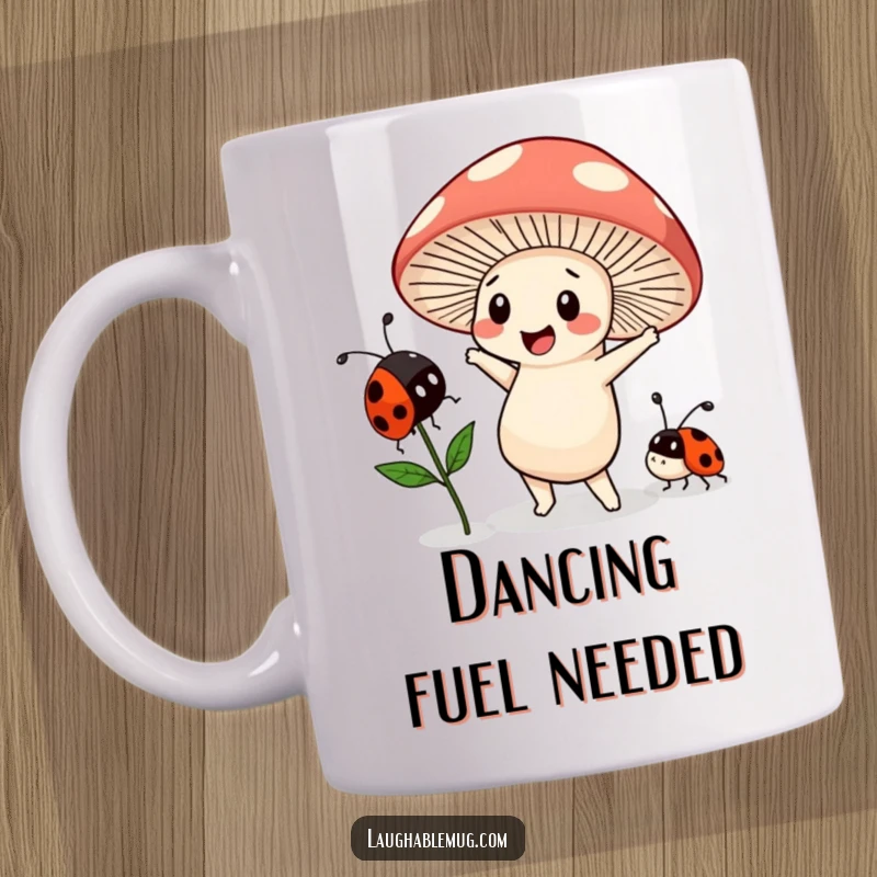 Funny Kawaii mug showing a cute mushroom character doing a goofy dance with a bewildered ladybug, embodying whimsical and humorous interaction.