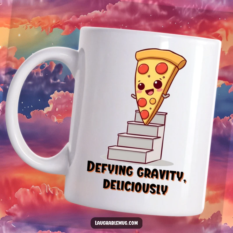 Funny mug showing a slice of pizza comically sliding down a staircase, capturing a moment of delicious chaos.