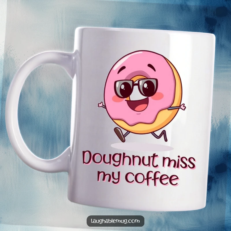 Funny mug of a slightly tipsy donut character stumbling with a big, goofy grin, embodying sweet indulgence and playful mishaps.