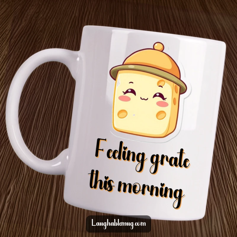 Funny mug showcasing a happy cheese slice wearing a small, charming hat, radiating pure joy.