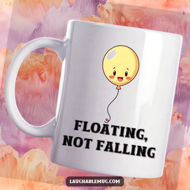 Funny mug showing a playful balloon juggling its string, aiming for freedom in a whimsical display.