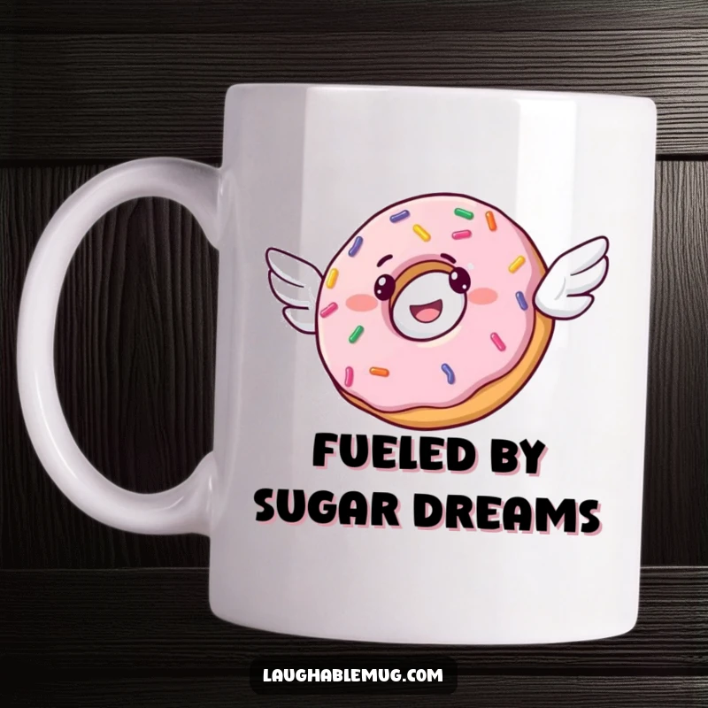 Funny mug featuring a cheerful donut with tiny wings, attempting to take flight amidst colorful sprinkles.