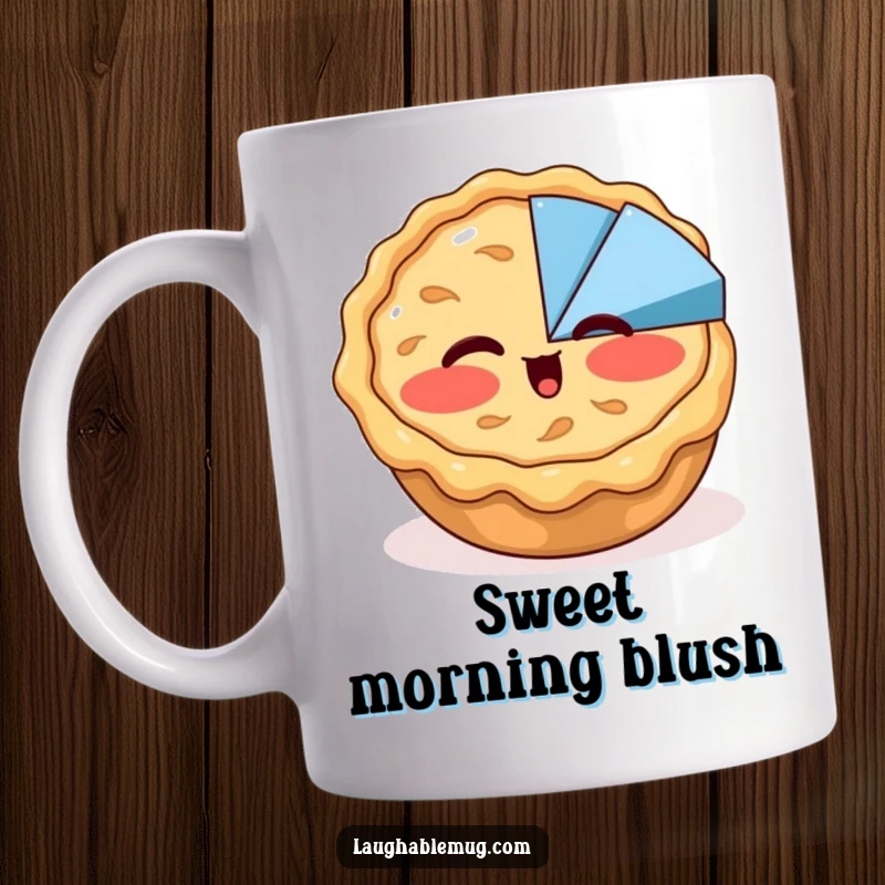 Funny mug showing a shy, blushing apple pie attempting a playful wink at a colorful pie chart, blending baking and math humor.
