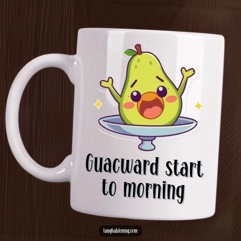 Funny mug featuring a surprised avocado character comically falling off a spinning plate, embodying food-related surprise.