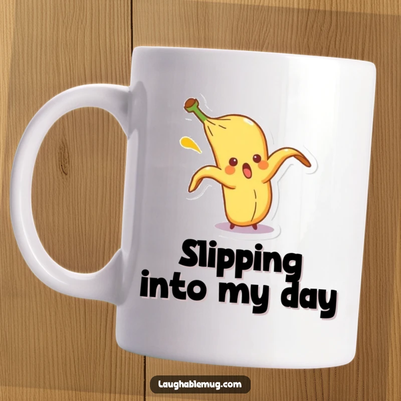 Funny mug showing a surprised banana peel character comically slipping on itself, embodying unexpected and hilarious mishaps.