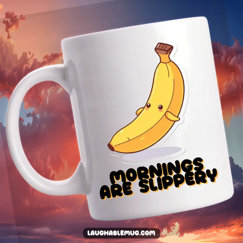 Funny mug: A personified banana comically slipping dramatically on its own discarded peel, mid-fall with exaggerated expression.