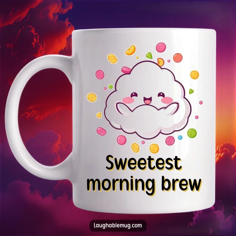 Funny Candy Rain Cloud Mug: A fluffy cloud character joyfully raining colorful candy, a sweet funny gift.