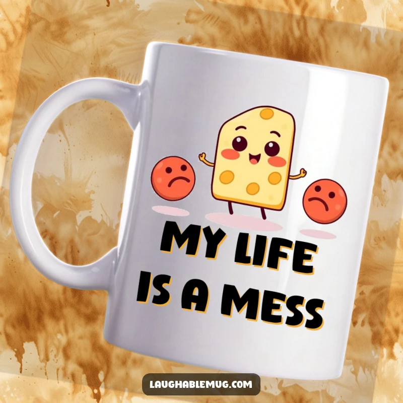 Funny Cheese Juggling Meatballs Mug: A smiling cheese slice enthusiastically juggles three wobbly meatballs, a comical kitchen mishap.