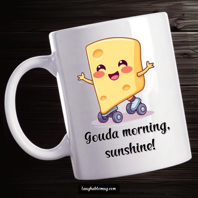 Funny mug of a smiling cheese slice wearing tiny roller skates, gliding with cheerful energy, a unique and funny gift.
