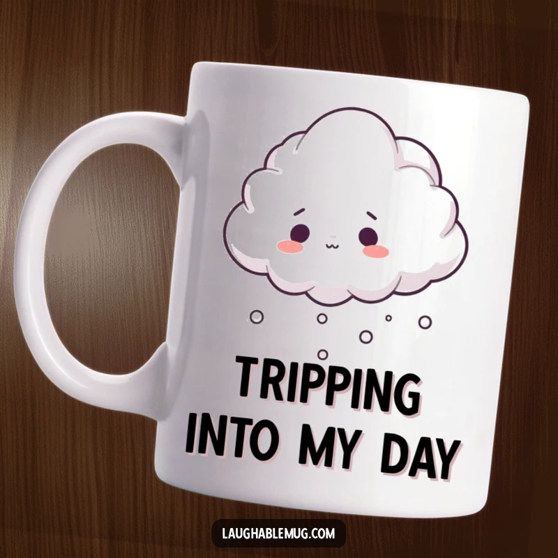 Funny mug showing a fluffy cloud comically tripping over its mist, with a surprised expression.