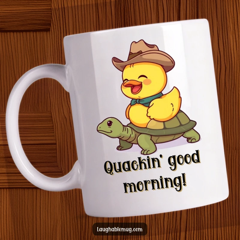 Funny mug showing a giggling rubber duck wearing a cowboy hat, attempting to ride a slow-moving turtle.