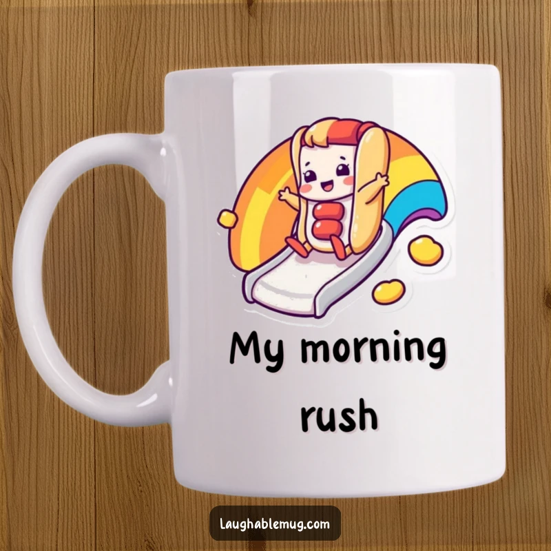 Funny mug with a happy hot dog character joyfully sliding down a vibrant rainbow slide, celebrating fun.