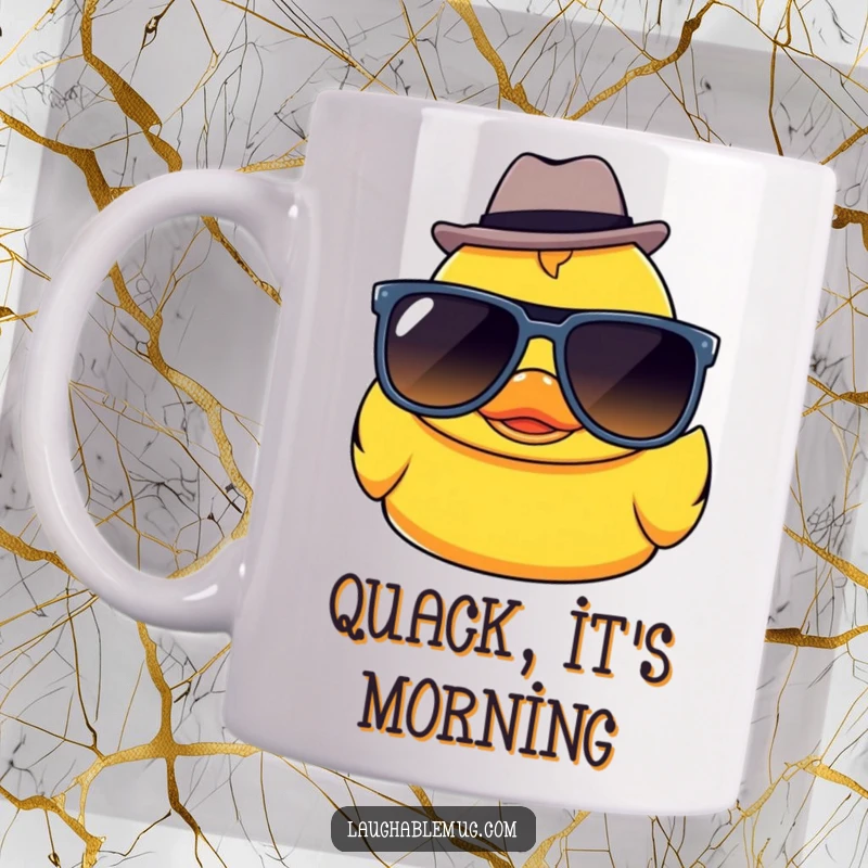 Funny Kawaii rubber ducky wearing oversized sunglasses and a tiny fedora, looking super cool and relaxed on a mug.