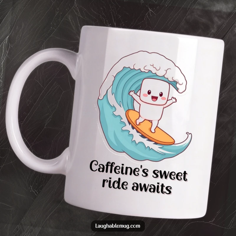 Funny mug featuring a cheerful marshmallow character excitedly surfing a massive wave made of coffee, ready to start the day.
