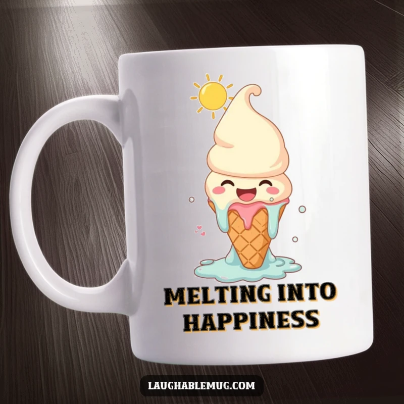Funny mug of a sentient ice cream cone character melting with joyous laughter under the sun, embodying sweet summer delight.