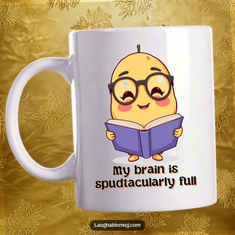 Funny Potato Scholar Mug: A cute, bespectacled potato character sits reading a giant book with a focused, friendly expression, perfect for book lovers.