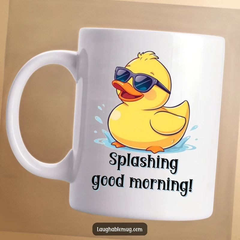Funny mug with a happy rubber ducky wearing sunglasses, splashing playfully in water with a cool attitude.