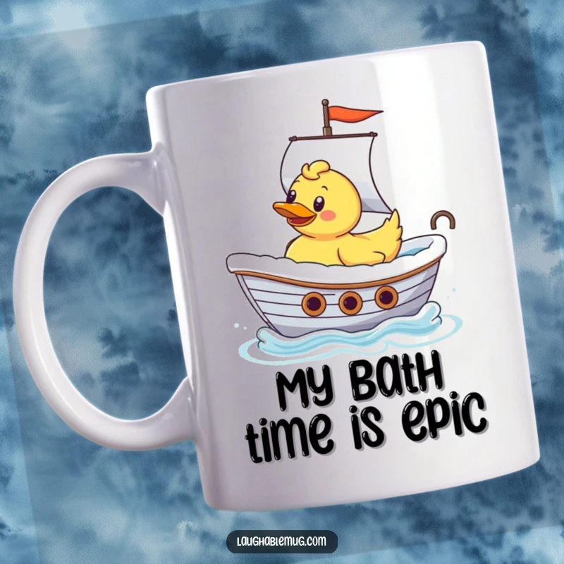 Funny Rubber Ducky Ship Captain Mug: A cheerful rubber ducky navigates a bathtub like a grand ship, full of playful adventure.
