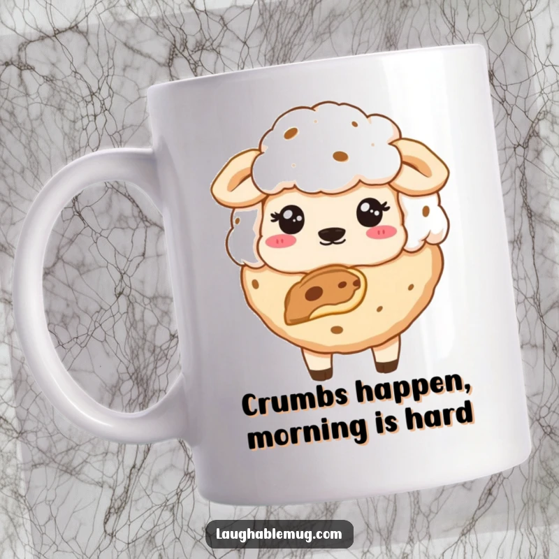 Funny mug showing a guilty-looking cookie with a bite missing, embodying adorable mischief.