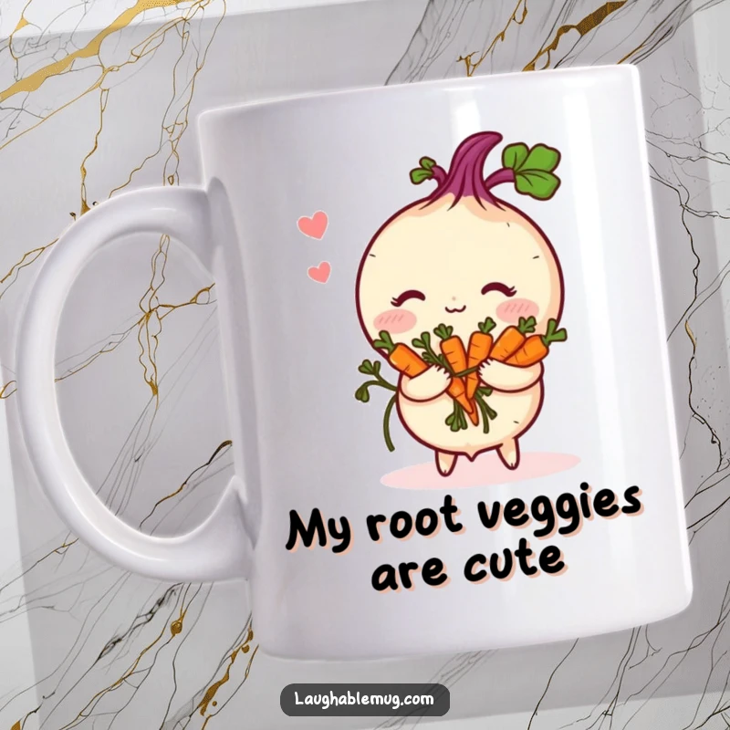 Funny Mug: A shy, blushing turnip holds a bouquet of tiny carrots, looking absolutely bashful and sweet.