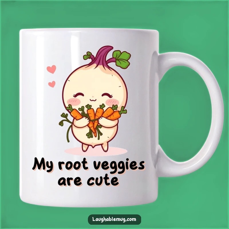 Funny Shy Turnip Mug Gift, Adorable Blushing Vegetable with Carrot Bouquet