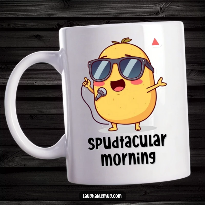 Funny mug featuring a singing potato wearing tiny sunglasses, performing enthusiastically with musical notes.