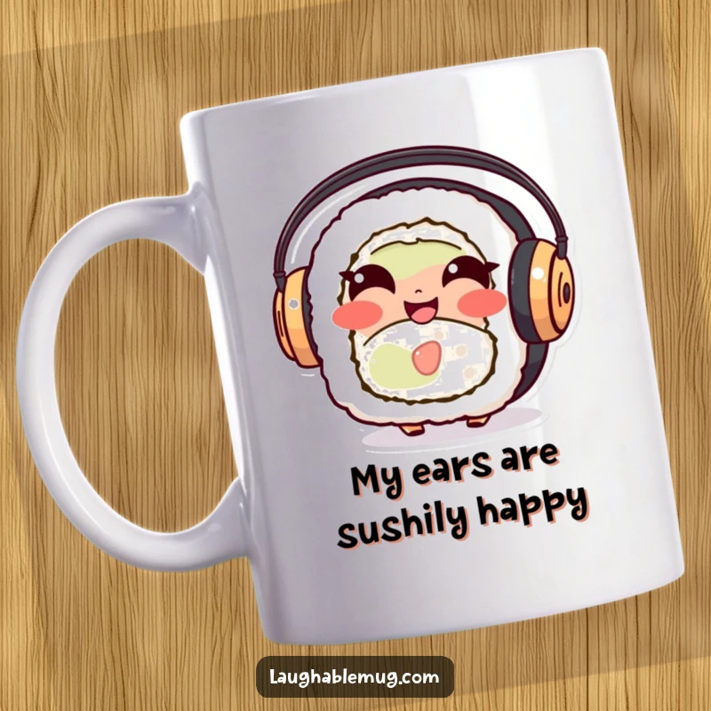 Funny Sushi Roll Mug: A happy, giggling sushi character with big headphones, enjoying music, perfect for food and music fans.
