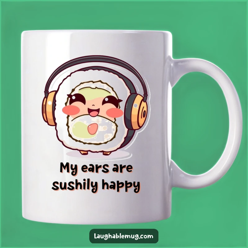Funny Sushi Roll Mug Gift: Giggling Foodie Character with Headphones for Music Lovers