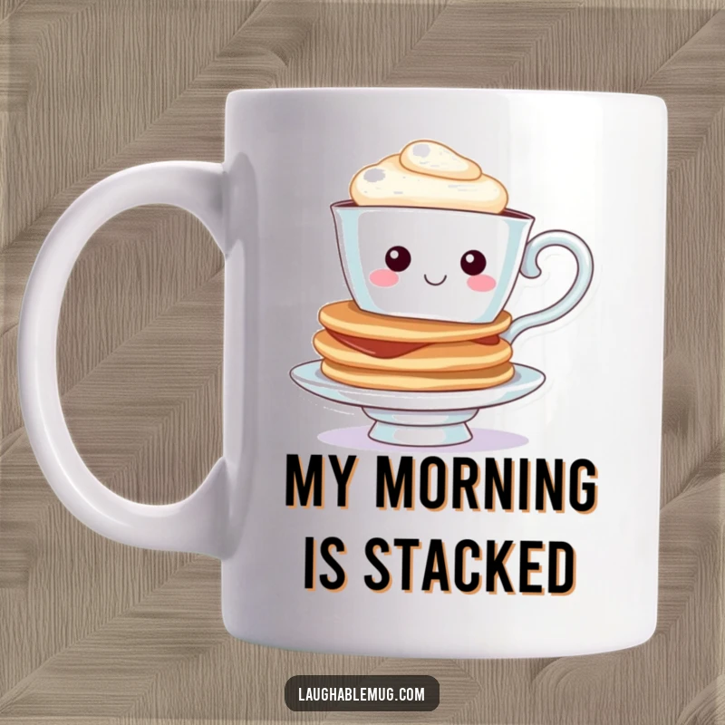 Funny Teacup Pancake Mug: A smiling teacup character expertly balancing a tall stack of pancakes, bringing breakfast joy.