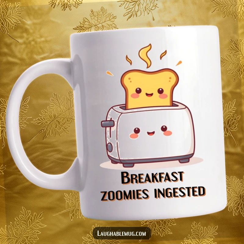 Funny mug showing a cheerful, fast-popping toast character bursting from a toaster, bringing morning joy and speed.