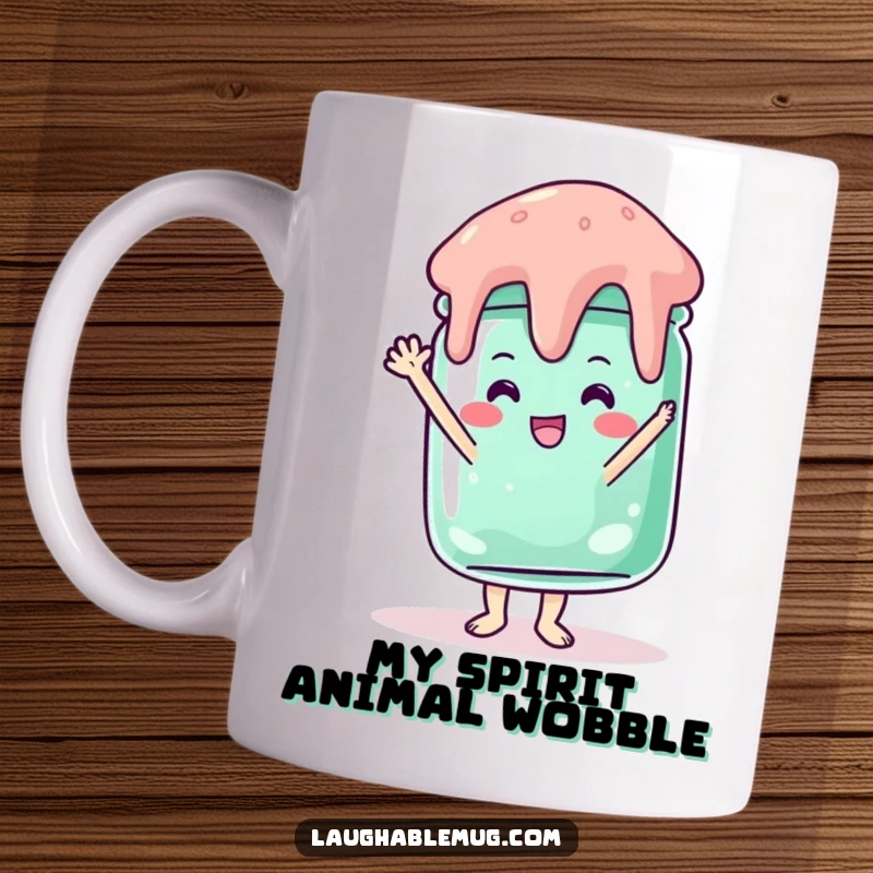 Funny mug with a classic jelly jar attempting a shaky handstand, showcasing its determination and silliness.