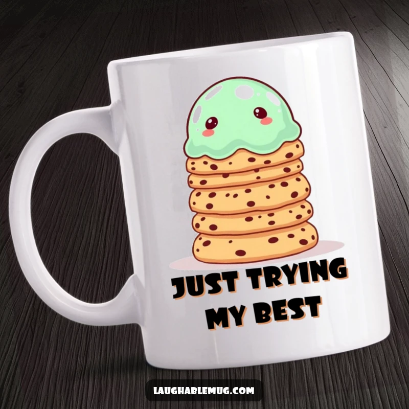 Funny mug shows a wobbly jelly balancing cookies, representing dessert chaos and sweet indulgence.